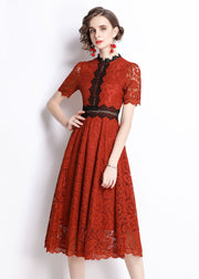 Slim Fit Red Embroidered Hollow Out Patchwork Lace Dress Summer