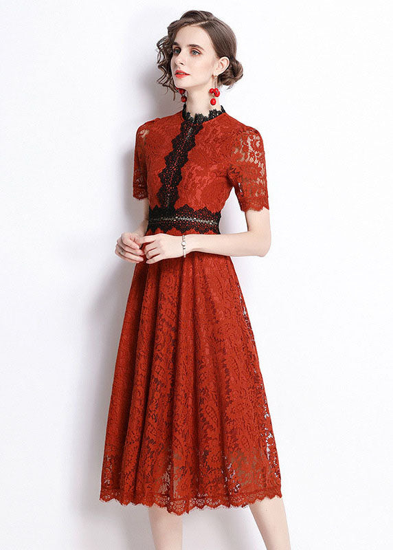 Slim Fit Red Embroidered Hollow Out Patchwork Lace Dress Summer