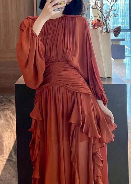 Slim Fit Red O-Neck Wrinkled Party Chiffon Maxi Dress Spring