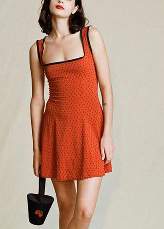 Slim Fit Red Square Collar Dot Print Spaghetti Strap Mid Dress Sleeveless