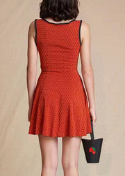 Slim Fit Red Square Collar Dot Print Spaghetti Strap Mid Dress Sleeveless