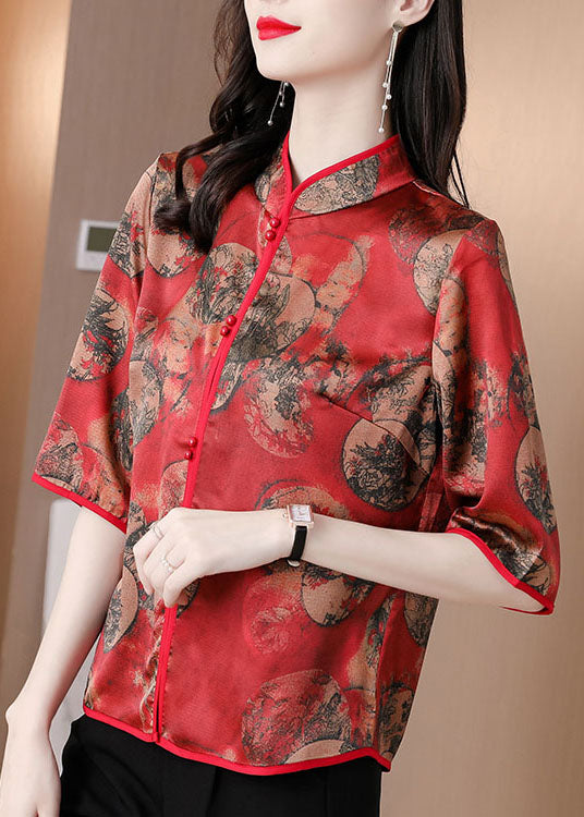 Slim Fit Red Stand Collar Button Print Silk Shirts Half Sleeve