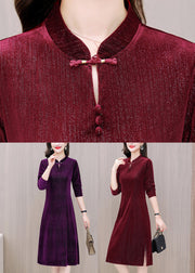 Slim Fit Red Stand Collar Button Silk Velour Long Dresses Long Sleeve