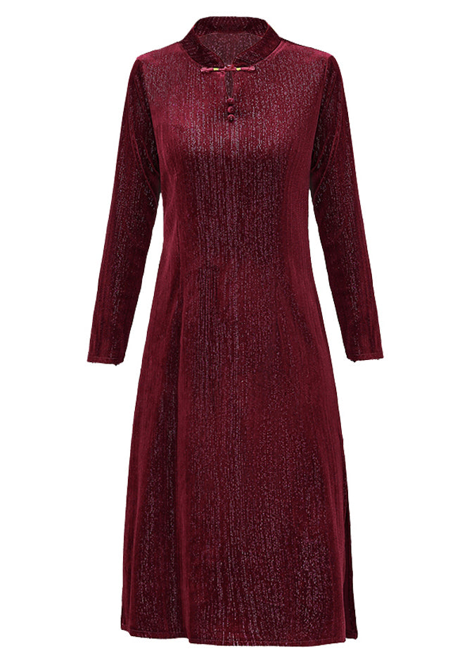 Slim Fit Red Stand Collar Button Silk Velour Long Dresses Long Sleeve