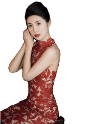 Slim Fit Red Stand Collar Maple Leaf Lace Maxi Dress Sleeveless