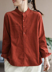 Slim Fit Red Stand Collar Pockets Corduroy Shirt Spring