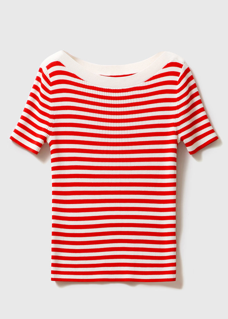Schmal geschnittene rot gestreifte Seidenstrick-T-Shirt-Ärmel mit O-Ausschnitt