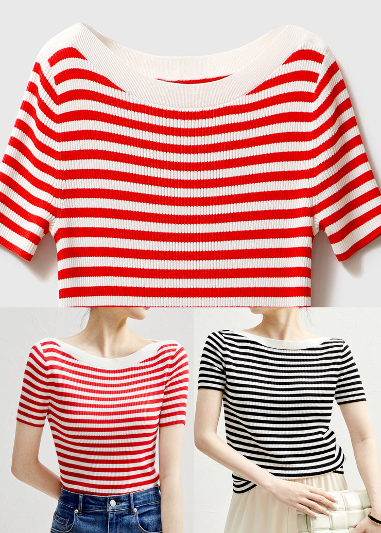 Slim Fit Red Striped O-Neck Silk Knit T Shirts Sleeve