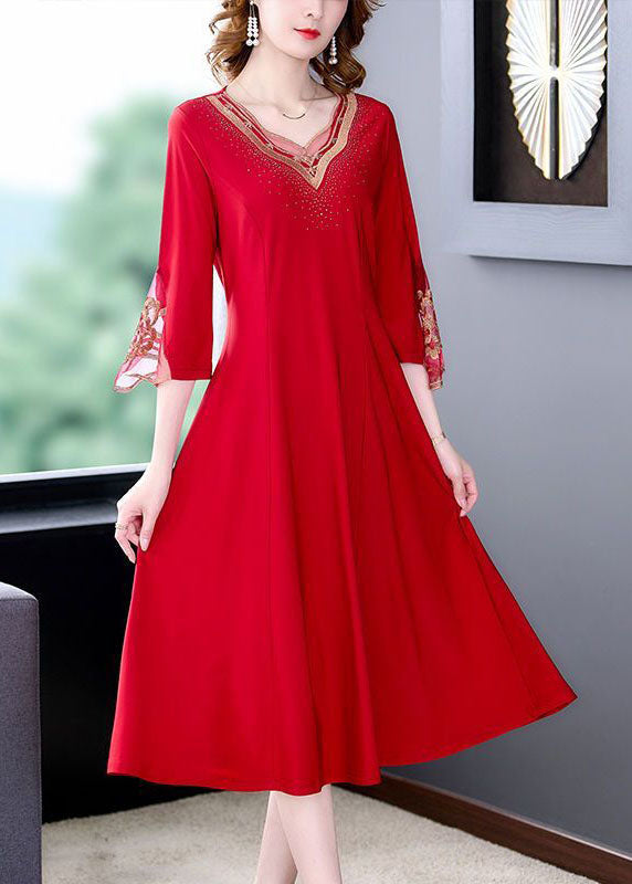 Slim Fit Red V Neck Patchwork Embroidered Silk Dresses Flare Sleeve