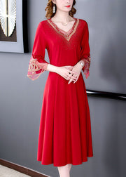 Slim Fit Red V Neck Patchwork Embroidered Silk Dresses Flare Sleeve