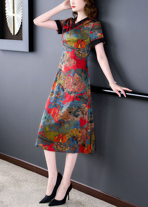 Slim Fit Red V Neck Print Chinese Button Silk Dresses Summer