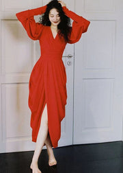 Slim Fit Red Wrinkled Tunic Long Dresses Long Sleeve