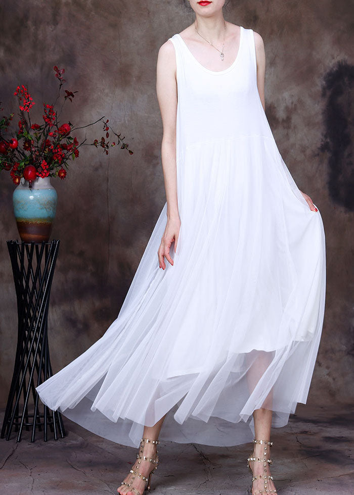 Slim Fit Solid White O-Neck Tulle Patchwork Cotton Spaghetti Strap Dress Sleeveless