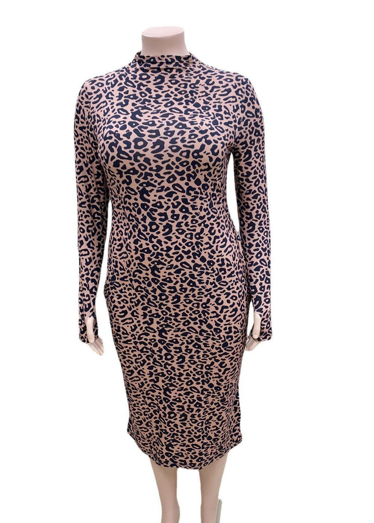 Slim Fit Stand Collar Leopard Print Wraped Vacation Dress Long Sleeve
