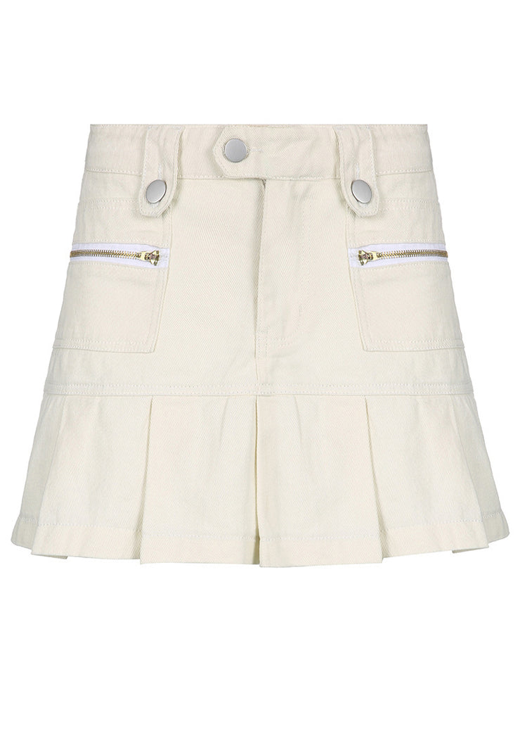 Slim Fit White Button High Waist Patchwork Denim Pleated Skirt Fall