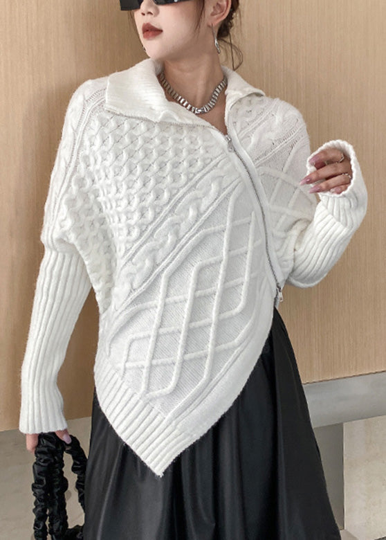 Slim Fit White Turtleneck Asymmetrical Zippered Cozy Thick Knit Sweater Winter