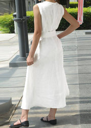Slim Fit White V Neck Side Open Cotton Cinched Dress Sleeveless