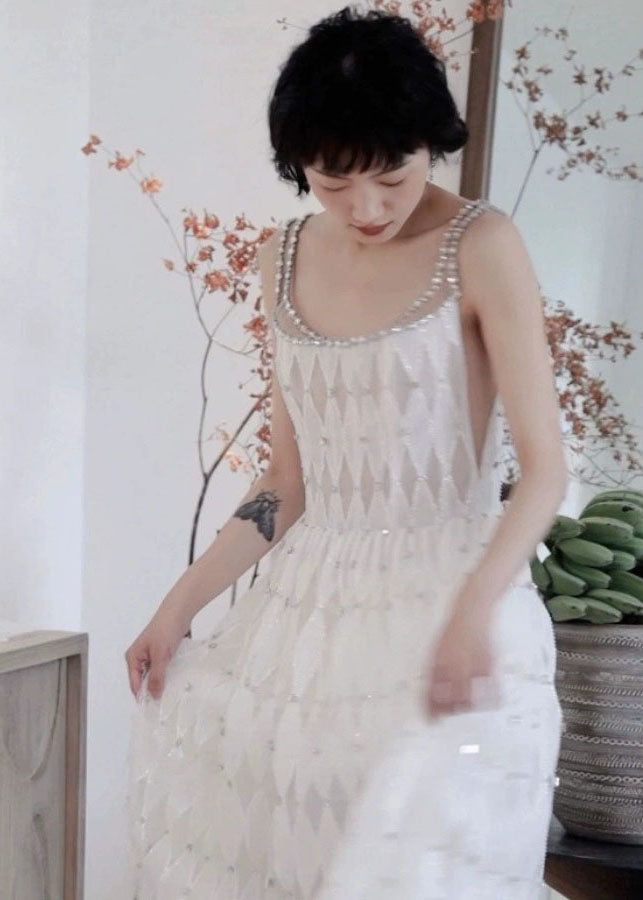 Slim Fit White Zircon Backless Spaghetti Strap Dress Sleeveless