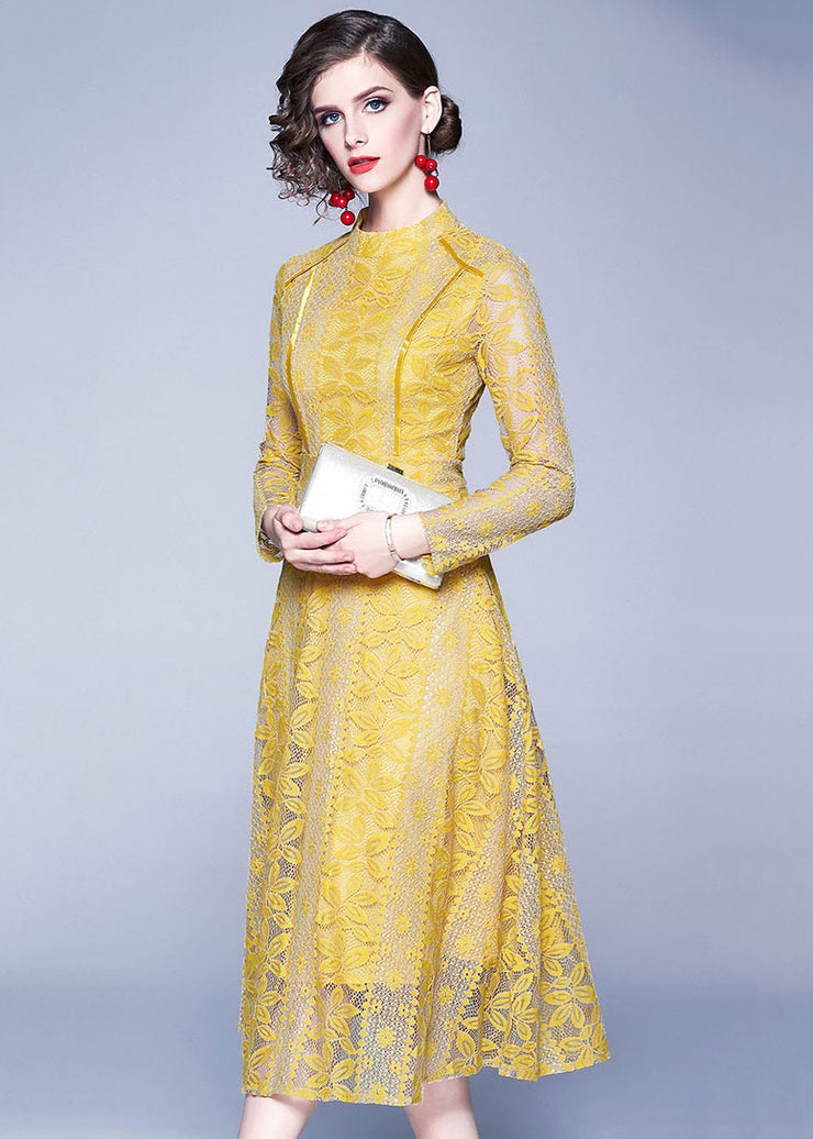 Slim Fit Yellow Stand Collar Hollow Out Patchwork Lace Long Dresses Fall