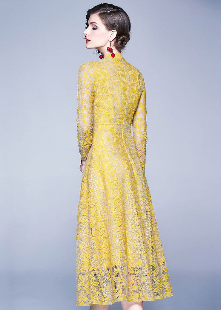 Slim Fit Yellow Stand Collar Hollow Out Patchwork Lace Long Dresses Fall