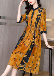 Slim Fit Yellow Stand Collar Print Silk Cinched Dress Half Sleeve