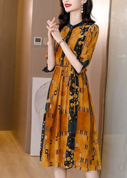 Slim Fit Yellow Stand Collar Print Silk Cinched Dress Half Sleeve