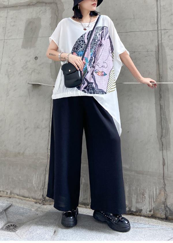 Slim summer large size casual fashion printed T-shirt + wide-leg pants two-piece suit - SooLinen