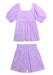Slimming suit new large size bubble sleeve purple shirt shorts two-piece suit - SooLinen