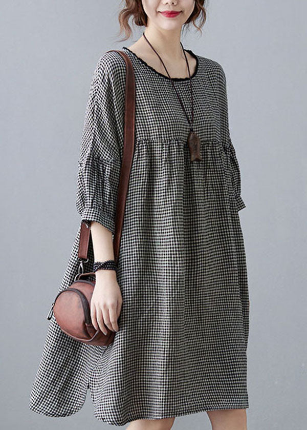 Small Plaid Patchwork Linen Mid Dress O Neck Wrinkled Summer