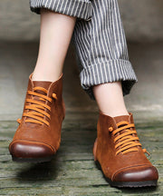 Soft Brown Cowhide Leather Splicing Lace Up Boots