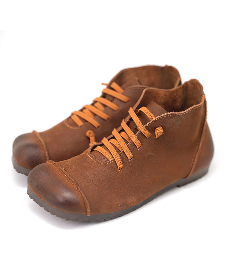 Soft Brown Cowhide Leather Splicing Lace Up Boots