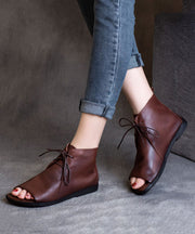 Soft Brown Flat Sandals Boots Cowhide Leather Peep Toe Splicing Lace Up