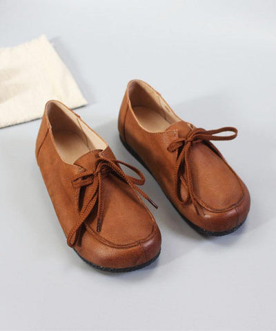 Soft Flat Shoes Brown Cowhide Leather Loafers For Women - SooLinen