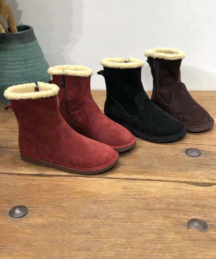 Soft Chocolate Cowhide Leather Boots Fuzzy Wool Lined Ankle Boots