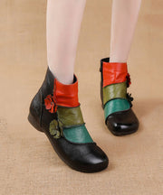 Soft Cowhide Leather Boots Boho Black Splicing Floral