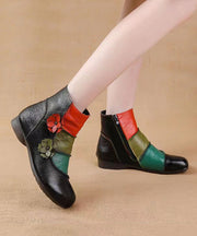 Soft Cowhide Leather Boots Boho Black Splicing Floral