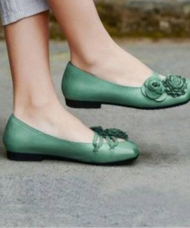 Soft Green Flower Cross Strap Leather Flat Shoes