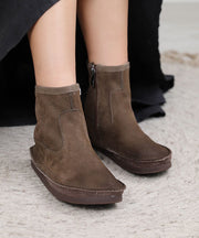Soft Grey Zippered Boots Cowhide Leather Elegant Cross Strap Boots