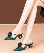 Soft Pointed Toe Chunky Green Floral Satin Upper Slide Sandals