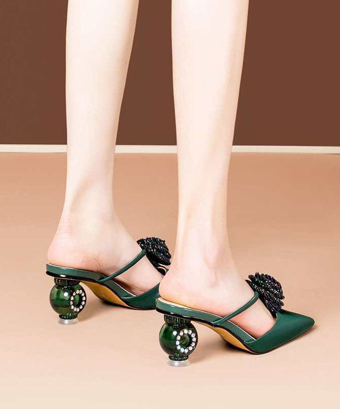 Soft Pointed Toe Chunky Green Floral Satin Upper Slide Sandals