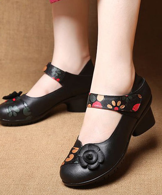 Soft Splicing Buckle Strap Black Cowhide Leather Chunky Heel