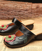 Soft Splicing Chunky Black Cowhide Leather Slide Sandals