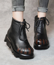 Soft Splicing Lace Up Platform Boots Dark Brown Cowhide Leather
