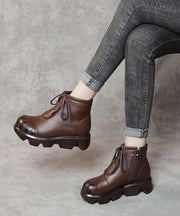 Soft Splicing Lace Up Platform Boots Dark Brown Cowhide Leather