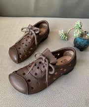 Soft Splicing Walking Sandals Hollow Out Lace Up Brown Cowhide Leather