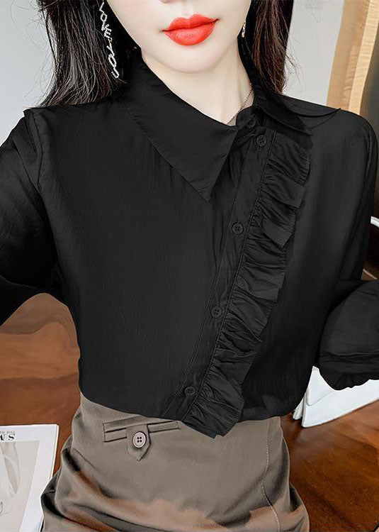 Black Chiffon Shirt Tops Asymmetrical Desidn Ruffles Spring