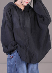 Solid Black Cotton UPF 50+ Coat Jackets Oversized Drawstring Long Sleeve
