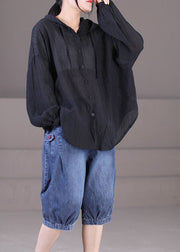 Solide schwarze Baumwolle UPF 50+ Mantel Jacken Übergroße Kordelzug Langarm