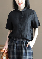 Festes schwarzes Taschen-Leinenhemd, Oberteil mit Peter-Pan-Kragen und halben Ärmeln
