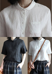 Solid Black Pocket Linen Loose Shirt Tops Peter Pan Collar Half Sleeve